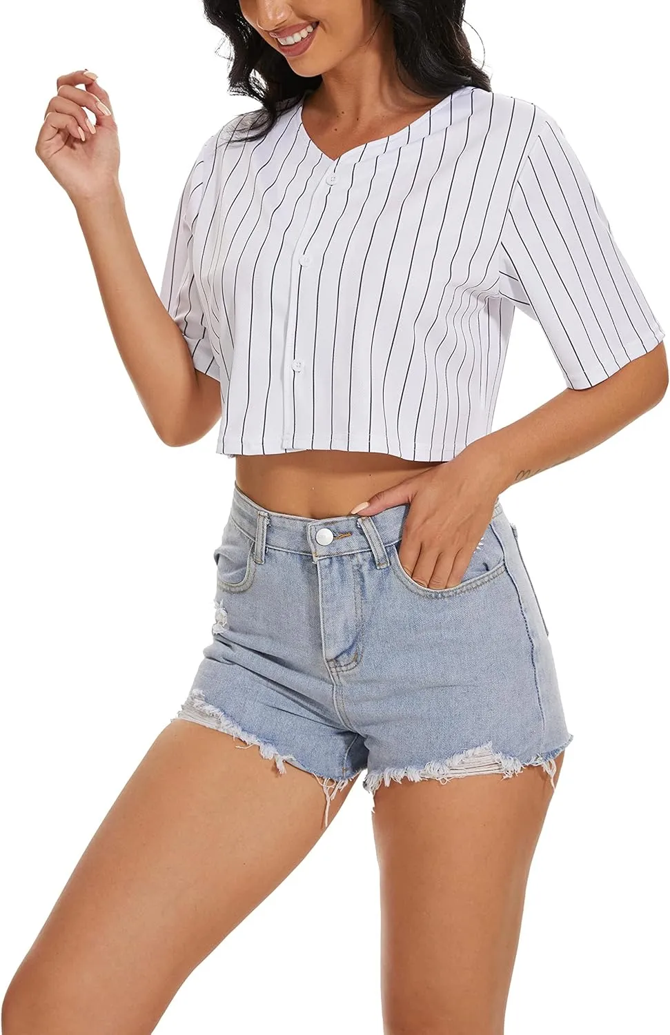 Women's Baseball Jersey Short Crop Tops Blank Button Casual Softball Shirt Activewear Tee Summer Clothing