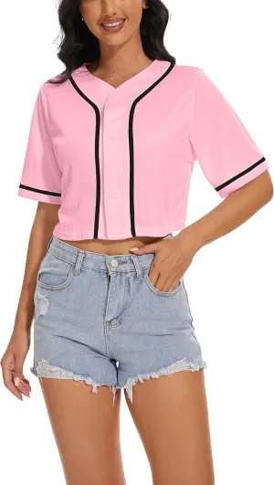 Women's Baseball Jersey Short Crop Tops Blank Button Casual Softball Shirt Activewear Tee Summer Clothing