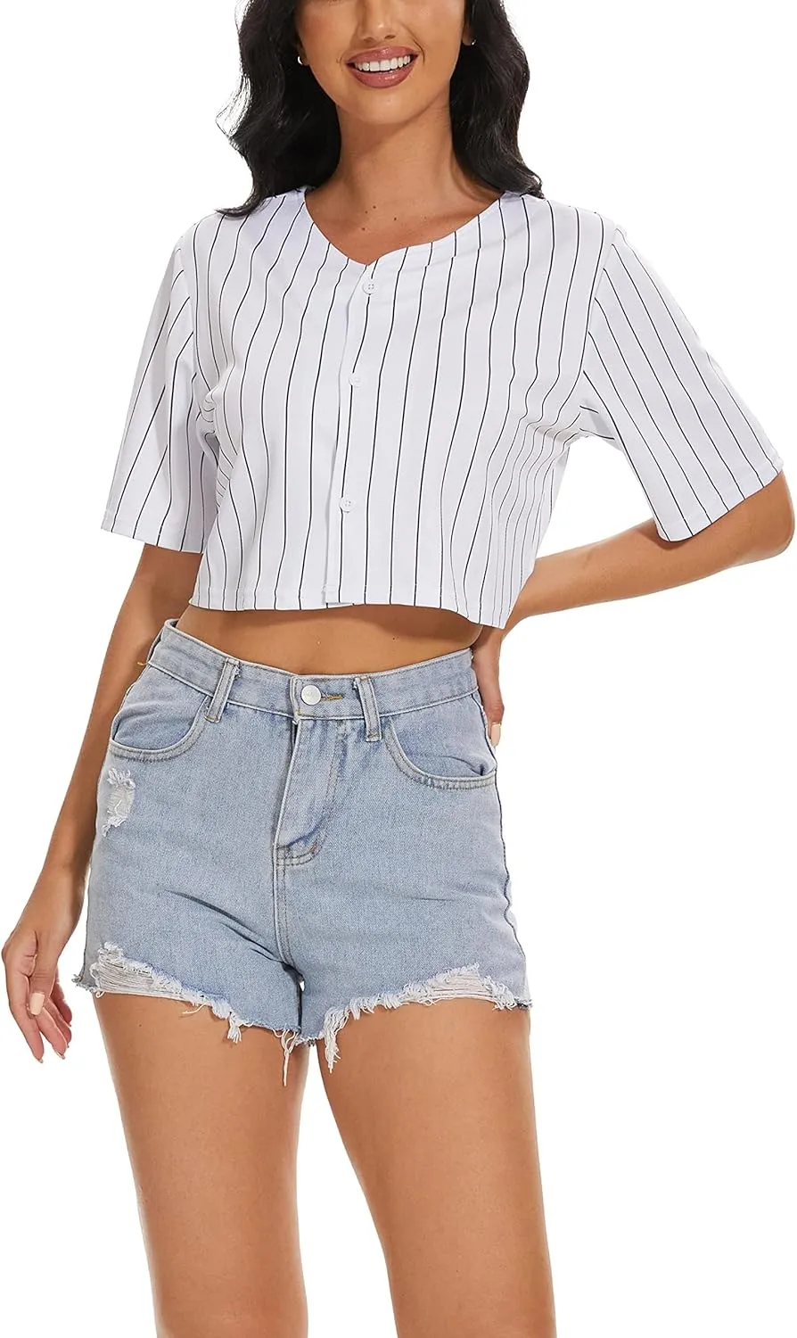 Women's Baseball Jersey Short Crop Tops Blank Button Casual Softball Shirt Activewear Tee Summer Clothing