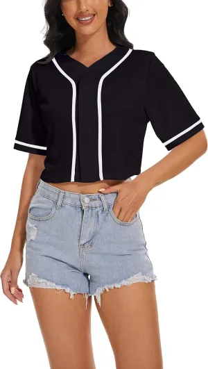 Women's Baseball Jersey Short Crop Tops Blank Button Casual Softball Shirt Activewear Tee Summer Clothing