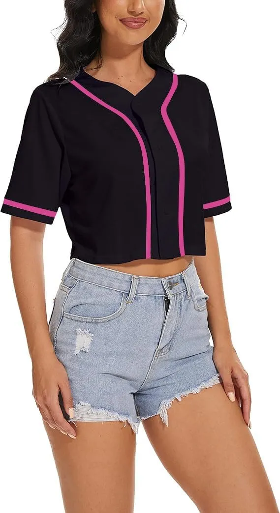 Women's Baseball Jersey Short Crop Tops Blank Button Casual Softball Shirt Activewear Tee Summer Clothing