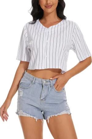 Women's Baseball Jersey Short Crop Tops Blank Button Casual Softball Shirt Activewear Tee Summer Clothing