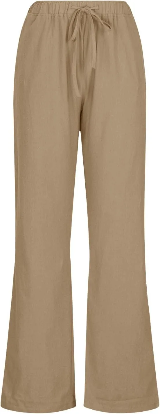 Women's Cotton Linen Palazzo Pants Wide Leg Beach Pants Summer Lightweight Pants Plus Size Lounge Pants with Pockets