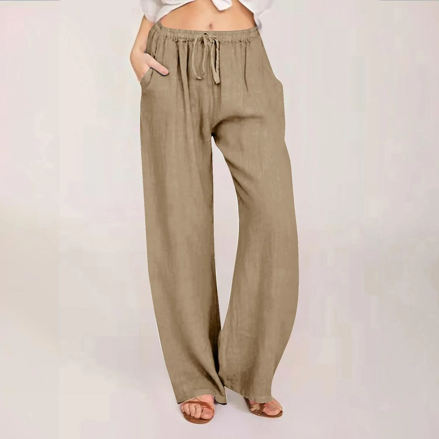 Women's Cotton Linen Palazzo Pants Wide Leg Beach Pants Summer Lightweight Pants Plus Size Lounge Pants with Pockets