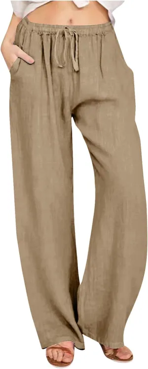 Women's Cotton Linen Palazzo Pants Wide Leg Beach Pants Summer Lightweight Pants Plus Size Lounge Pants with Pockets