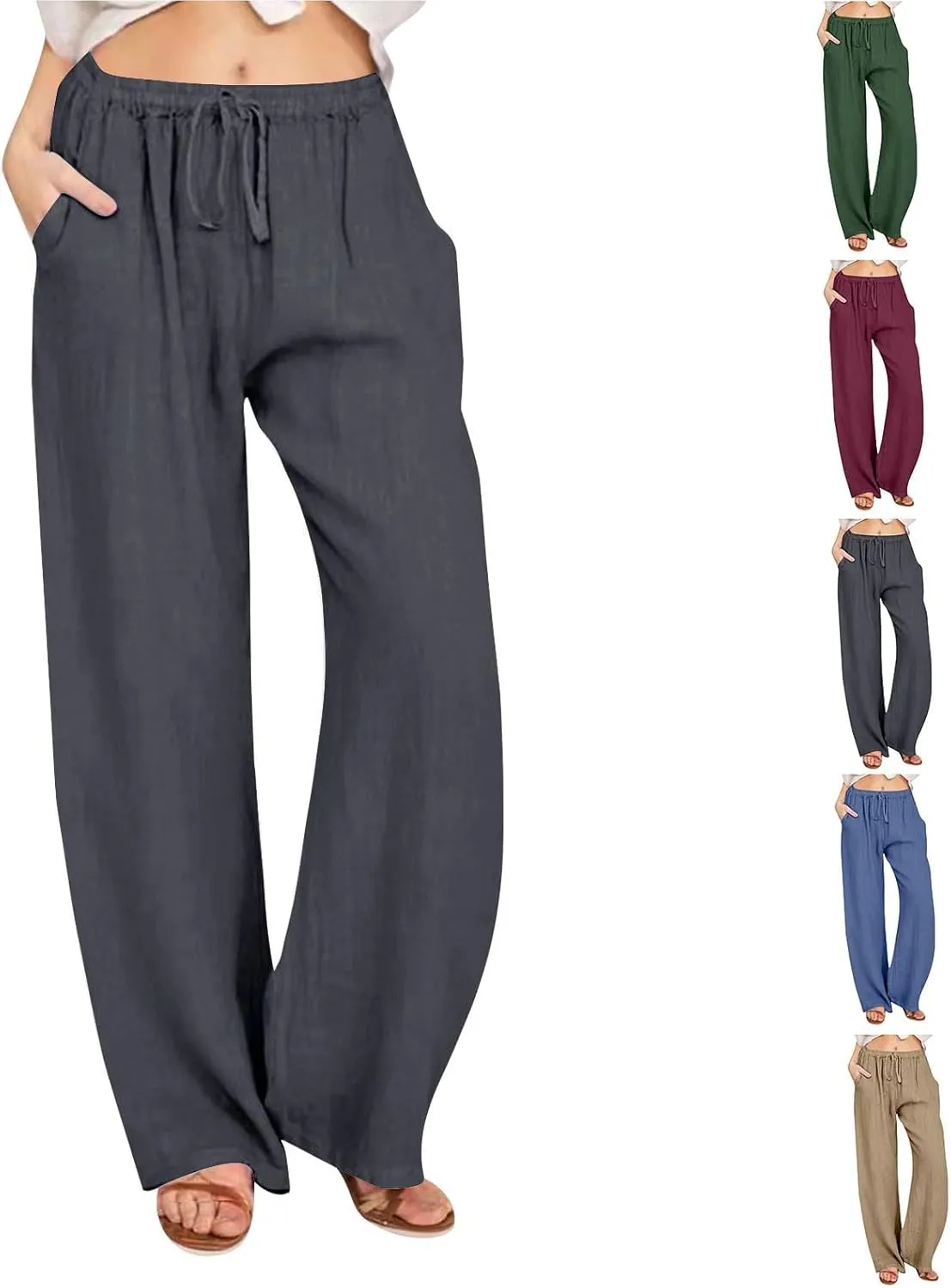 Women's Cotton Linen Palazzo Pants Wide Leg Beach Pants Summer Lightweight Pants Plus Size Lounge Pants with Pockets