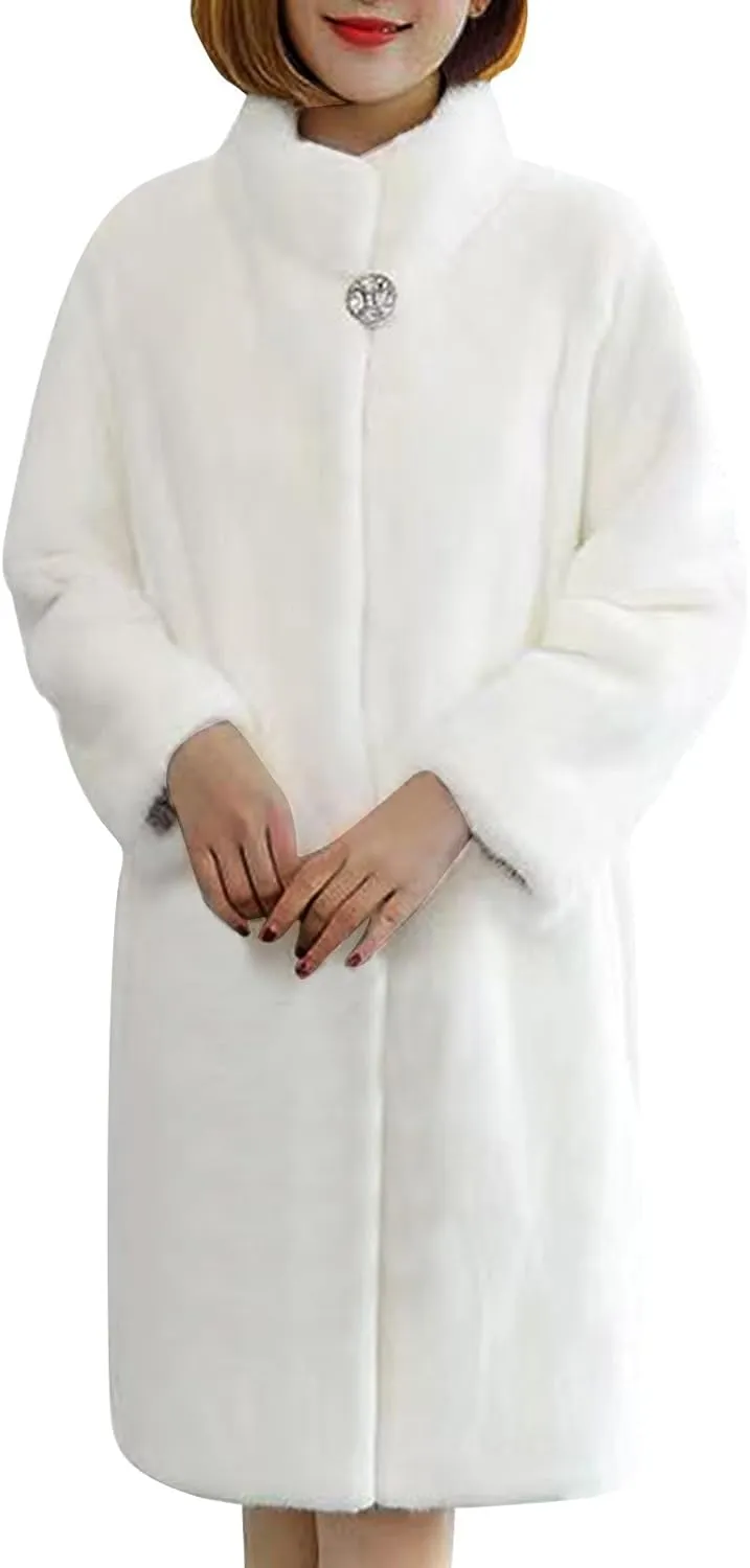 Women's Faux Fur Coat Fuzzy Warm Winter Long Fur Jackets Cardigan High Neck Trench Coat Outerwear Pocketed Overcoat
