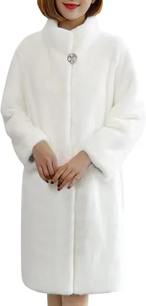 Women's Faux Fur Coat Fuzzy Warm Winter Long Fur Jackets Cardigan High Neck Trench Coat Outerwear Pocketed Overcoat