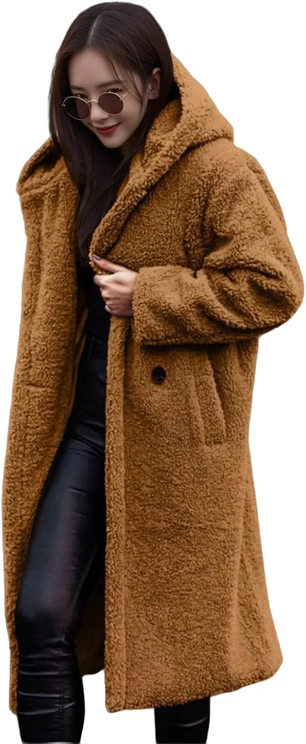 Womens Faux Fur Coat Winter Fuzzy Fleece Hooded Jacket Casual Loose Warm Button Down Sherpa Overcoat