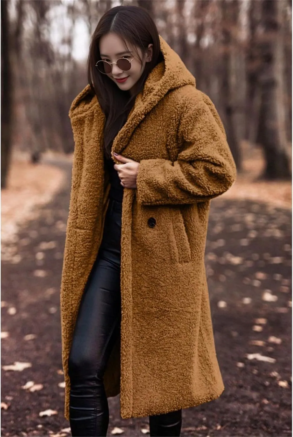 Womens Faux Fur Coat Winter Fuzzy Fleece Hooded Jacket Casual Loose Warm Button Down Sherpa Overcoat