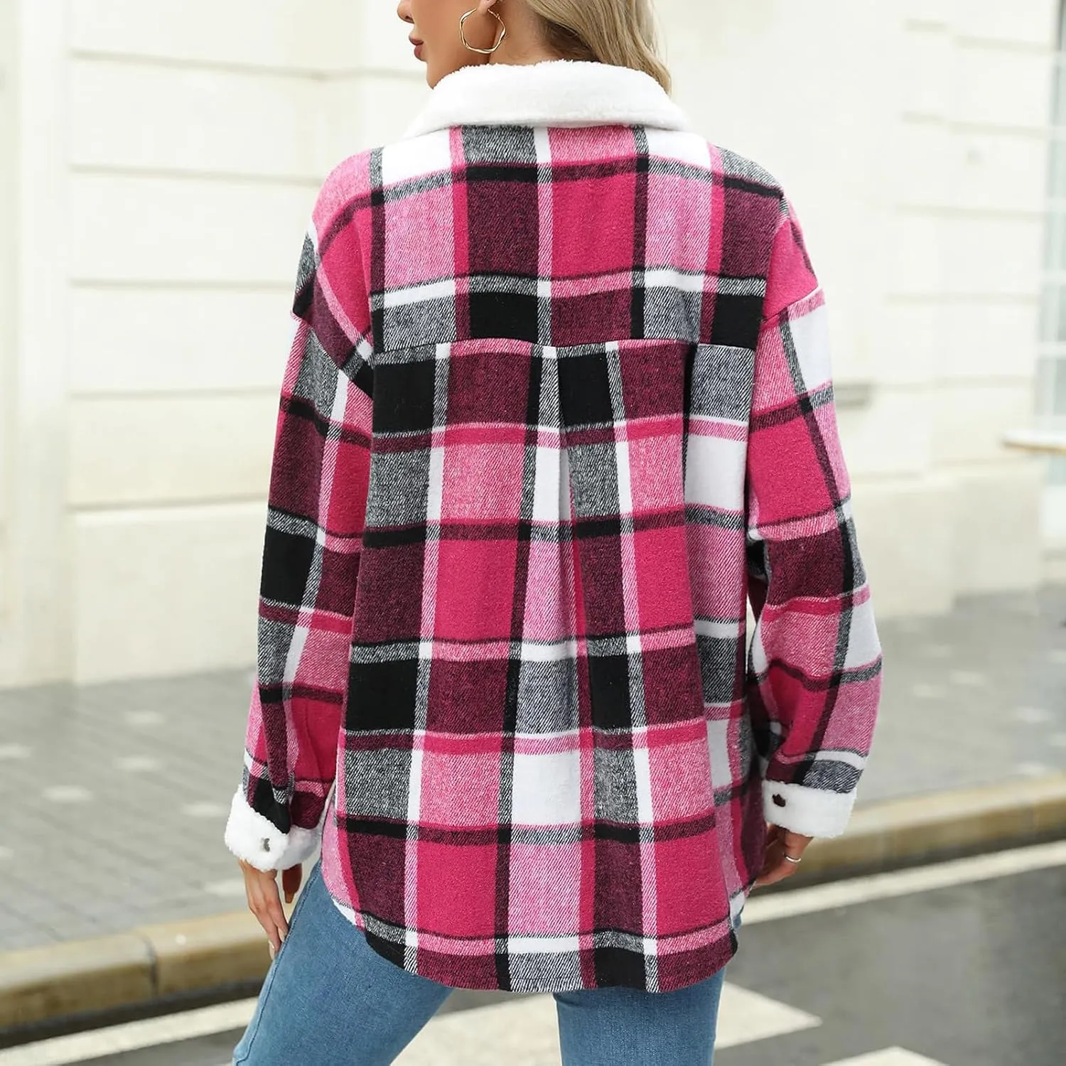 Womens Fuzzy Fleece Lined Jacket Flannel Plaid square Shirts Long Sleeve Button Down Coats 2024 Fall Outfits