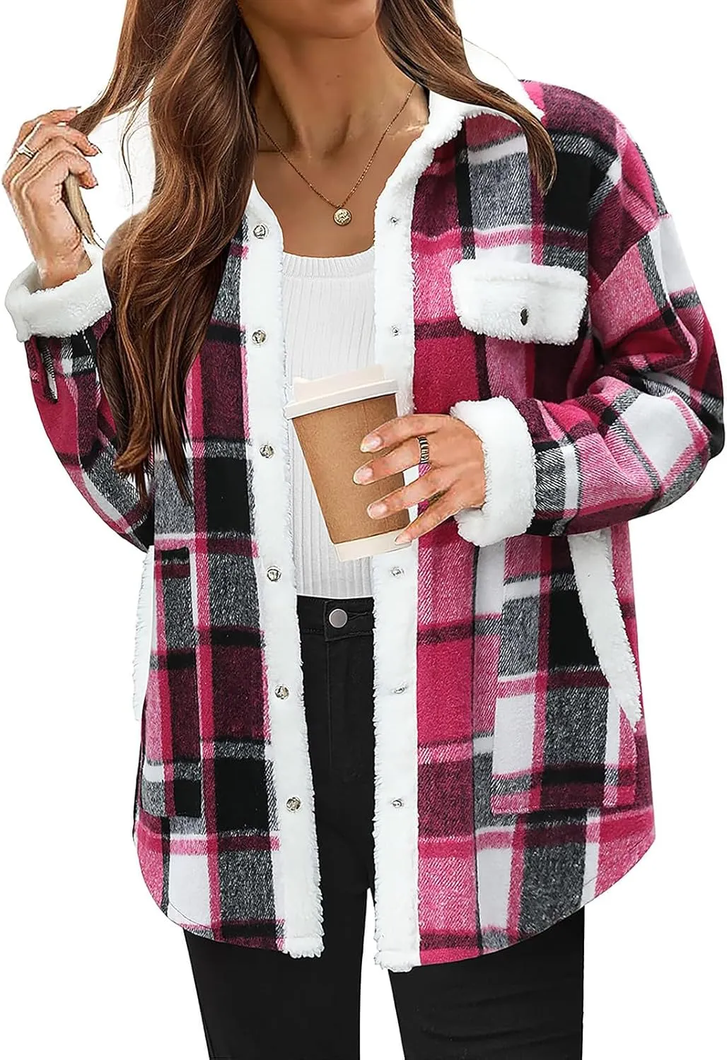 Womens Fuzzy Fleece Lined Jacket Flannel Plaid square Shirts Long Sleeve Button Down Coats 2024 Fall Outfits