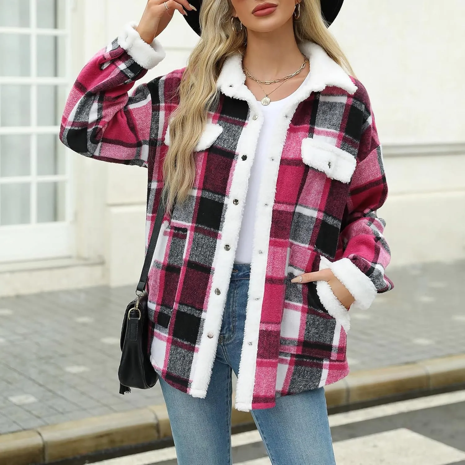 Womens Fuzzy Fleece Lined Jacket Flannel Plaid square Shirts Long Sleeve Button Down Coats 2024 Fall Outfits
