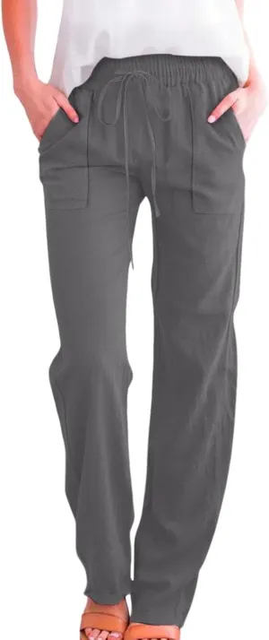 Womens Linen Pants Summer Wide Leg Pants Drawstring Elastic Waist Pants High Waisted Pants Casual Womens Palazzo