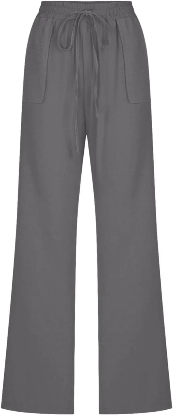 Womens Linen Pants Summer Wide Leg Pants Drawstring Elastic Waist Pants High Waisted Pants Casual Womens Palazzo