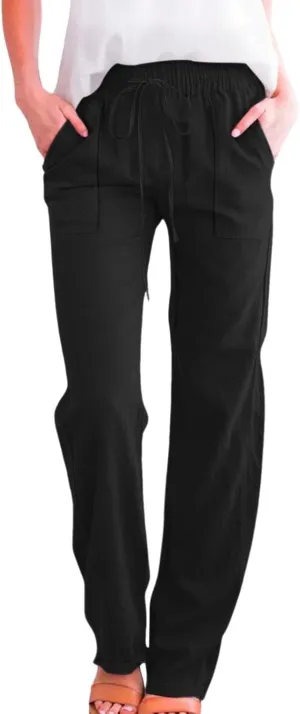 Womens Linen Pants Summer Wide Leg Pants Drawstring Elastic Waist Pants High Waisted Pants Casual Womens Palazzo