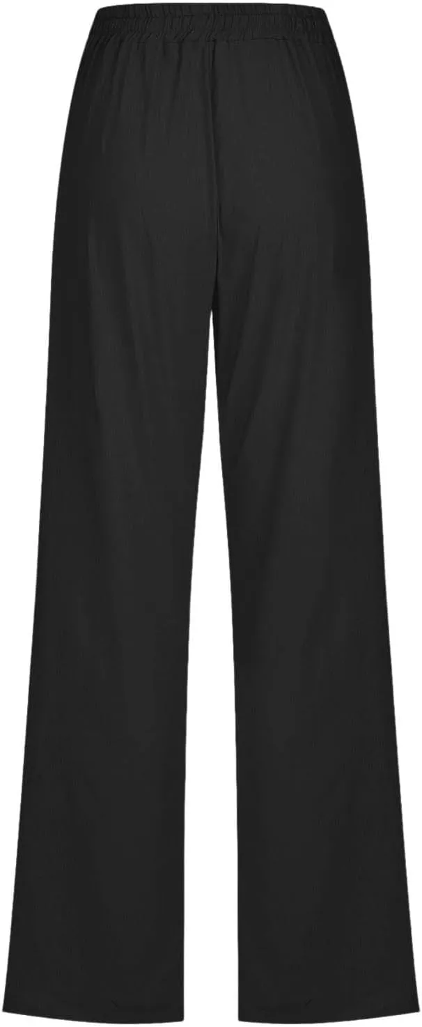 Womens Linen Pants Summer Wide Leg Pants Drawstring Elastic Waist Pants High Waisted Pants Casual Womens Palazzo