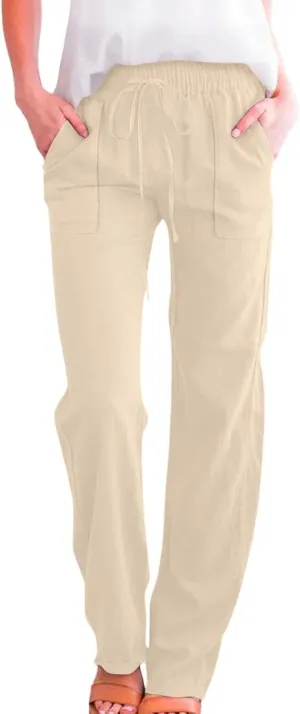 Womens Linen Pants Summer Wide Leg Pants Drawstring Elastic Waist Pants High Waisted Pants Casual Womens Palazzo
