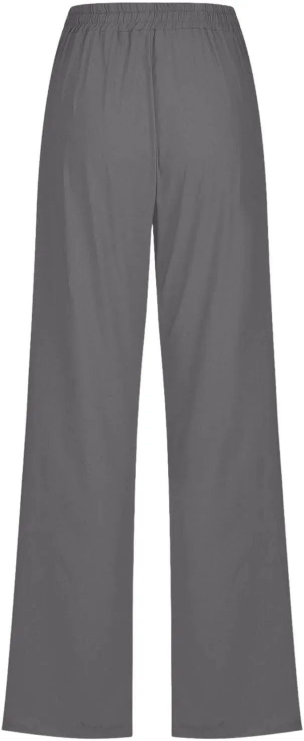 Womens Linen Pants Summer Wide Leg Pants Drawstring Elastic Waist Pants High Waisted Pants Casual Womens Palazzo