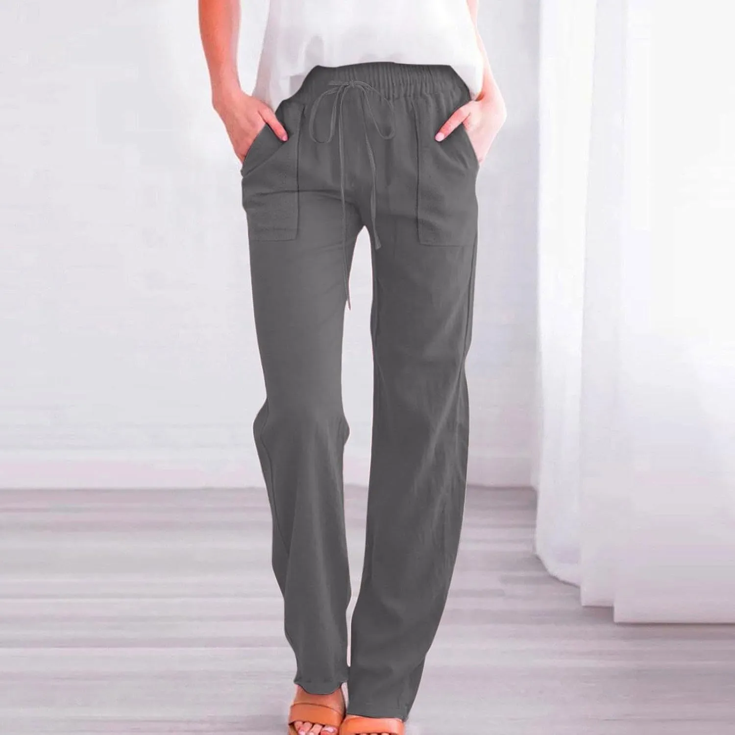 Womens Linen Pants Summer Wide Leg Pants Drawstring Elastic Waist Pants High Waisted Pants Casual Womens Palazzo