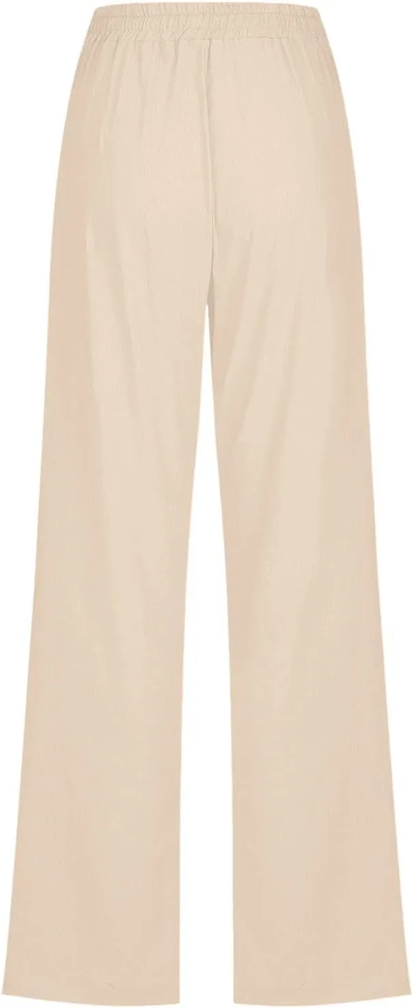 Womens Linen Pants Summer Wide Leg Pants Drawstring Elastic Waist Pants High Waisted Pants Casual Womens Palazzo