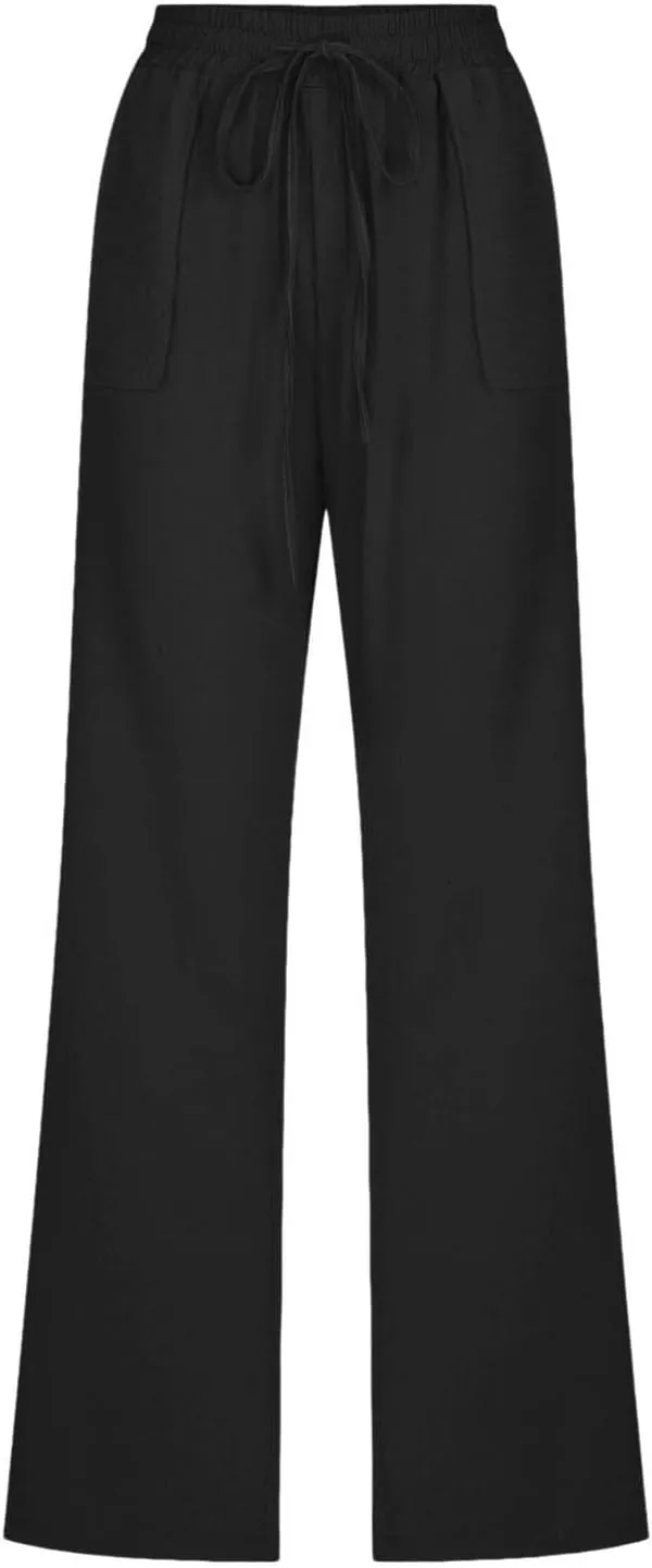 Womens Linen Pants Summer Wide Leg Pants Drawstring Elastic Waist Pants High Waisted Pants Casual Womens Palazzo