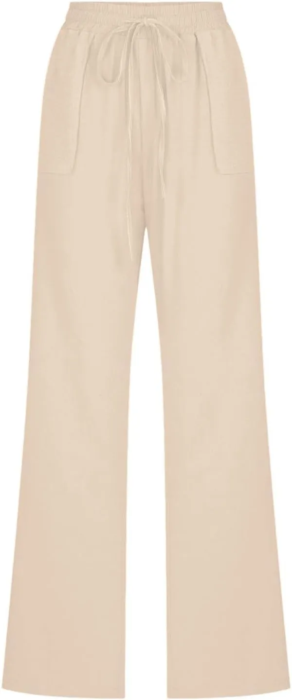 Womens Linen Pants Summer Wide Leg Pants Drawstring Elastic Waist Pants High Waisted Pants Casual Womens Palazzo