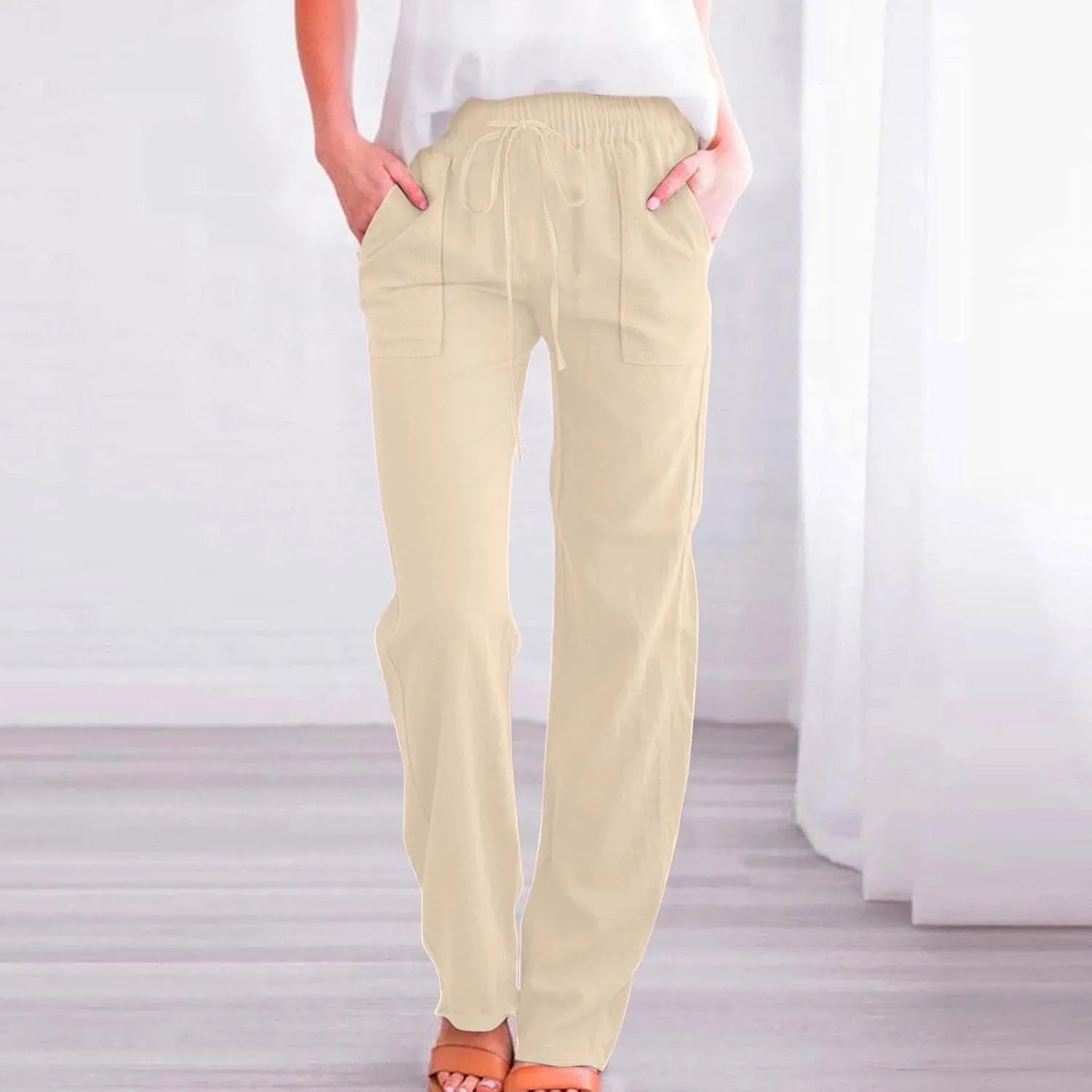 Womens Linen Pants Summer Wide Leg Pants Drawstring Elastic Waist Pants High Waisted Pants Casual Womens Palazzo