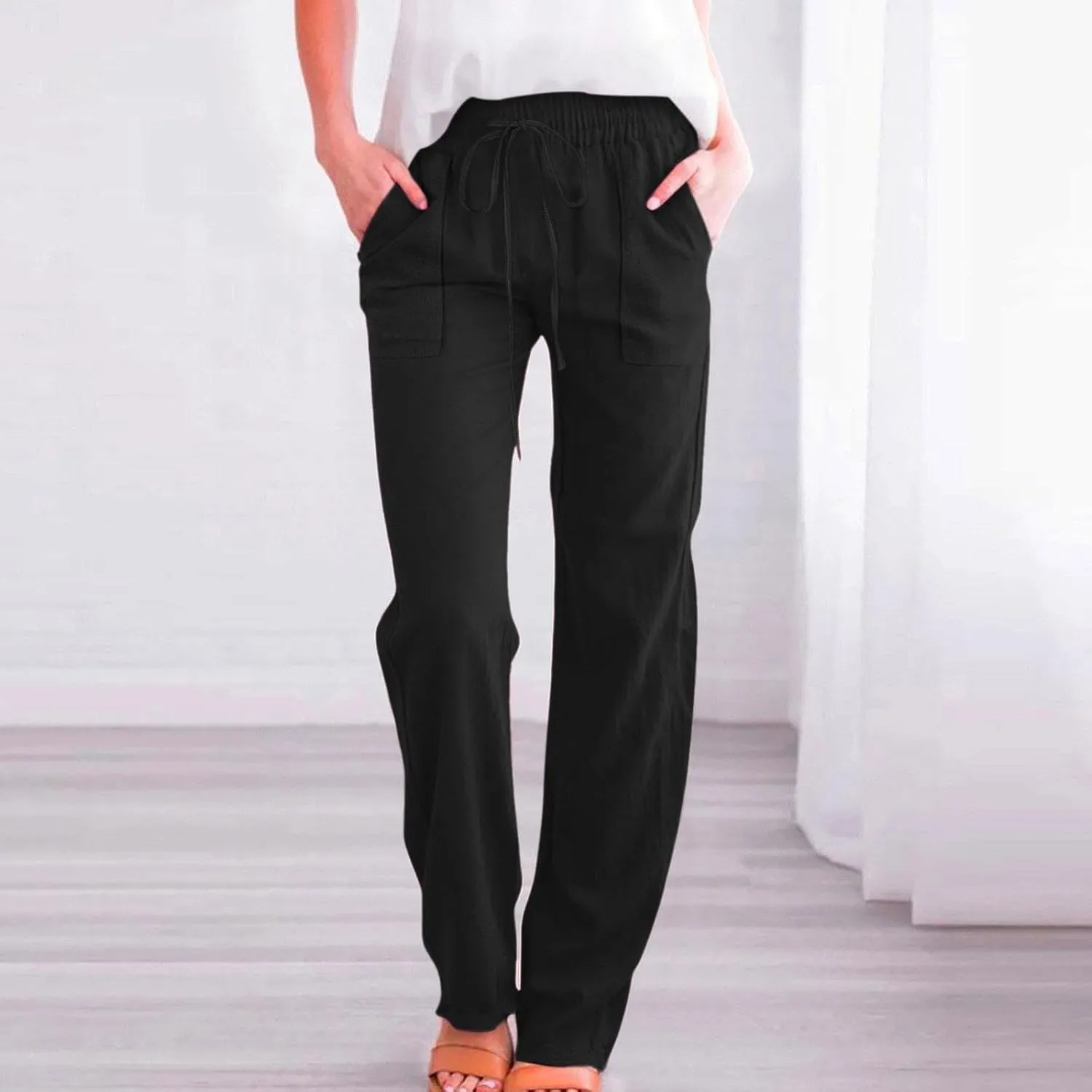 Womens Linen Pants Summer Wide Leg Pants Drawstring Elastic Waist Pants High Waisted Pants Casual Womens Palazzo