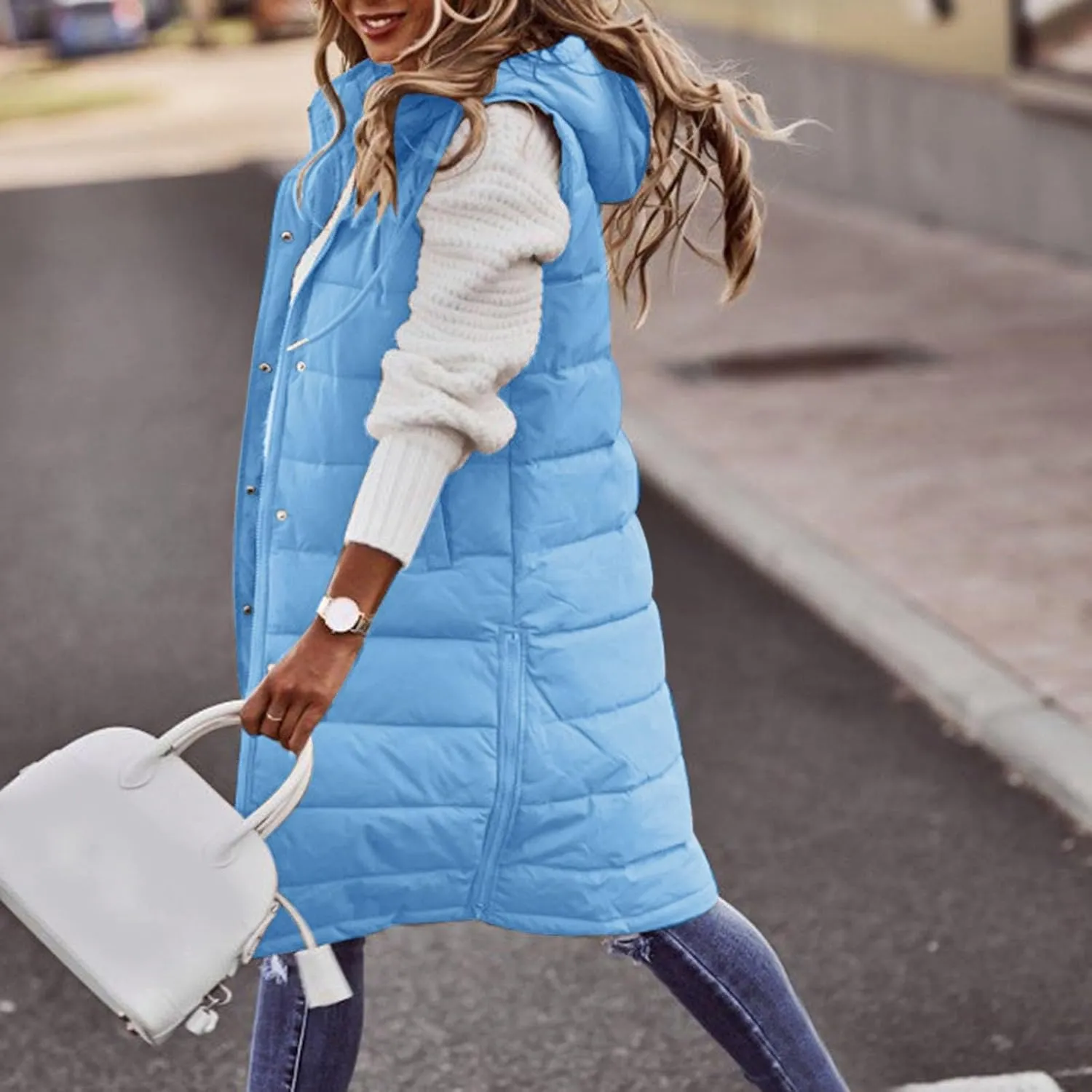 Womens Long Winter Coat Vest With Hood Sleeveless Warm Down Loose Coat With Pockets Quilted Petite Winter Jackets