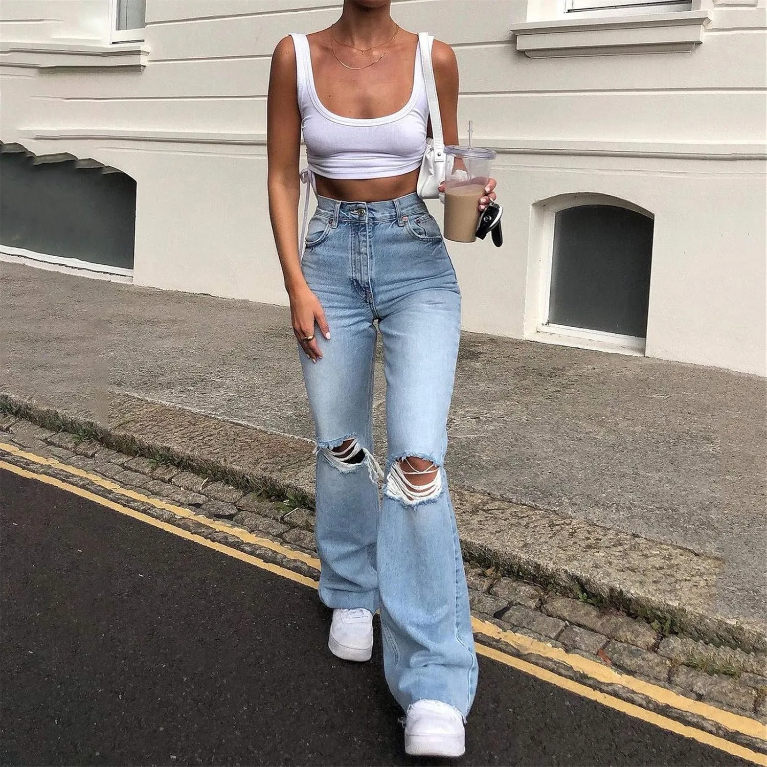 Women's Ripped High Waisted Flared Jeans Wide Leg Destroyed Denim Pants High Waisted Stretch Jeans Baggy Jeans