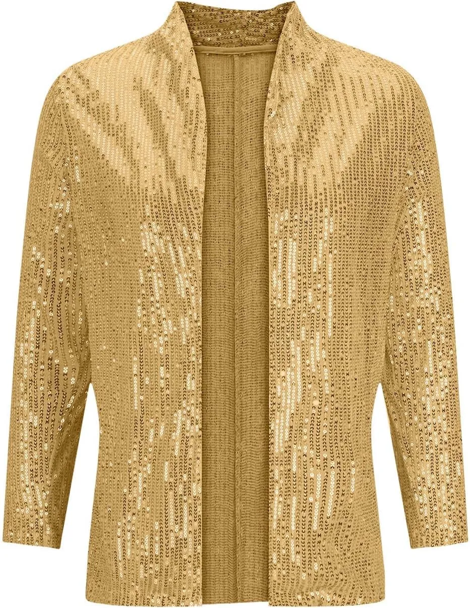 Women's Sequin Jackets Shiny Open Front Blazers Long Sleeve Glitter Sparkly Coats Party Casual Dressy Cardigan