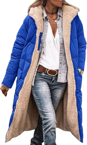 Womens Sherpa Fleece Lined Long Jackets Shearling Reversible Overcoats Winter Puffer Coats Hood Zip Outerwears