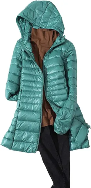 Women's Solid Color Mid Length Hooded Down Jacket with Drawstring Slim Fit Portable Outerwear Warmest Winter for
