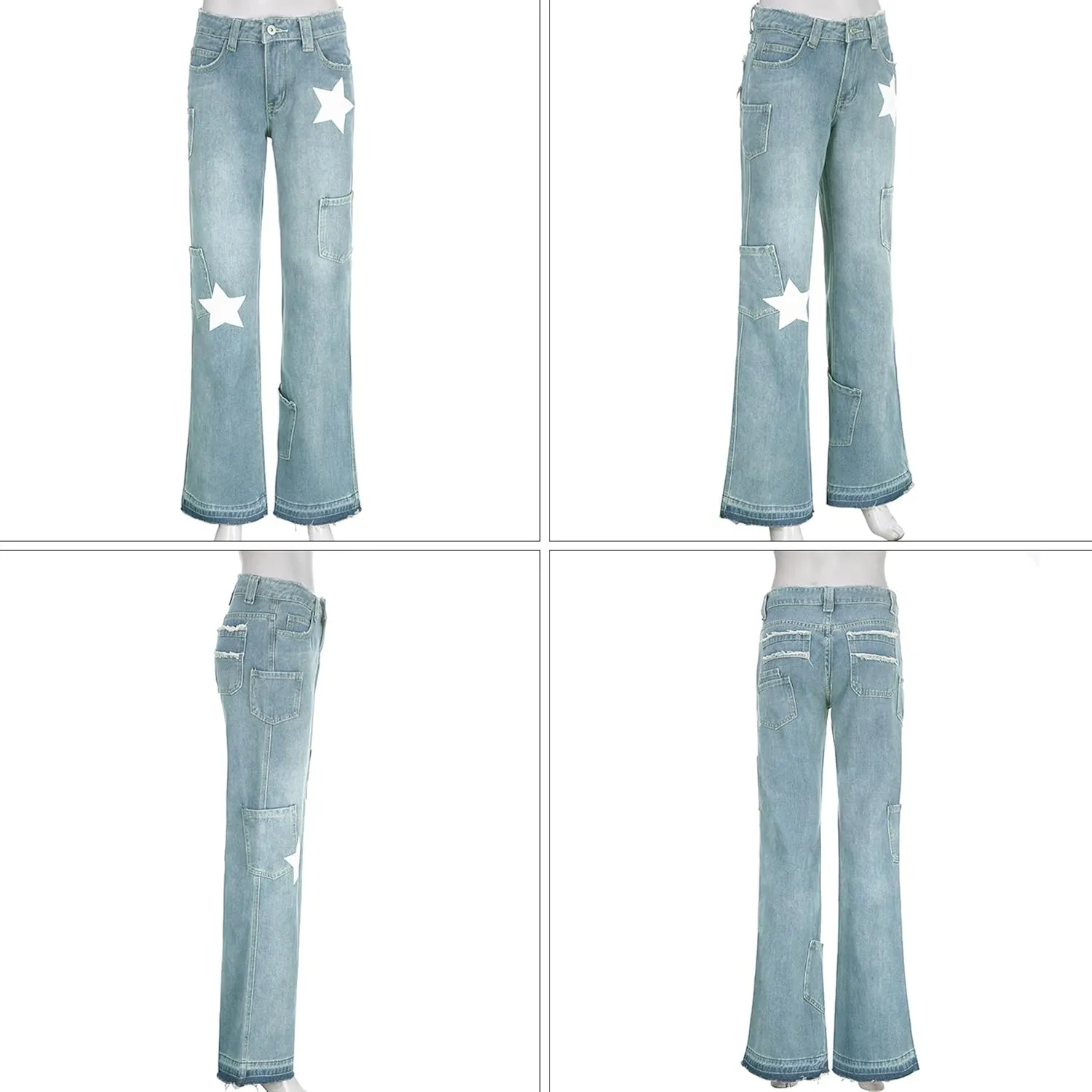 Womens Star Print Jeans Y2k Jeans Baggy Denim Pants Vintage Blue Jeans Straight Leg Pants