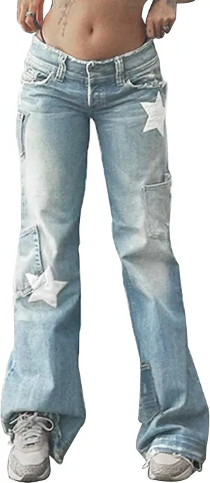 Womens Star Print Jeans Y2k Jeans Baggy Denim Pants Vintage Blue Jeans Straight Leg Pants