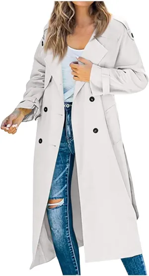 Women's Trench Coat Double Breasted Long Trench Coats 2025 Fall Fashion Windproof Classic Lapel Overcoat with Belt