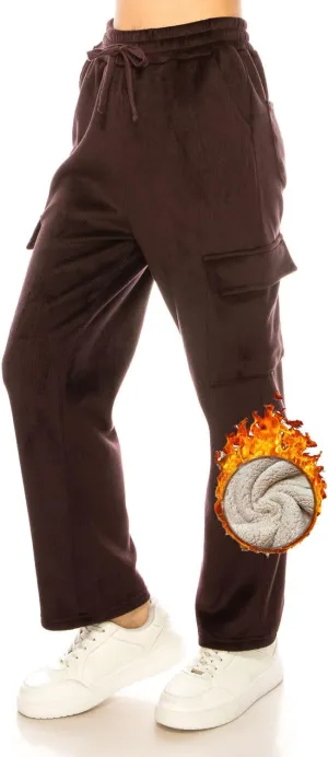 Women's Velvet Corduroy Cargo Pocket Jogger Sweat Pant Straight Leg Premium Pants