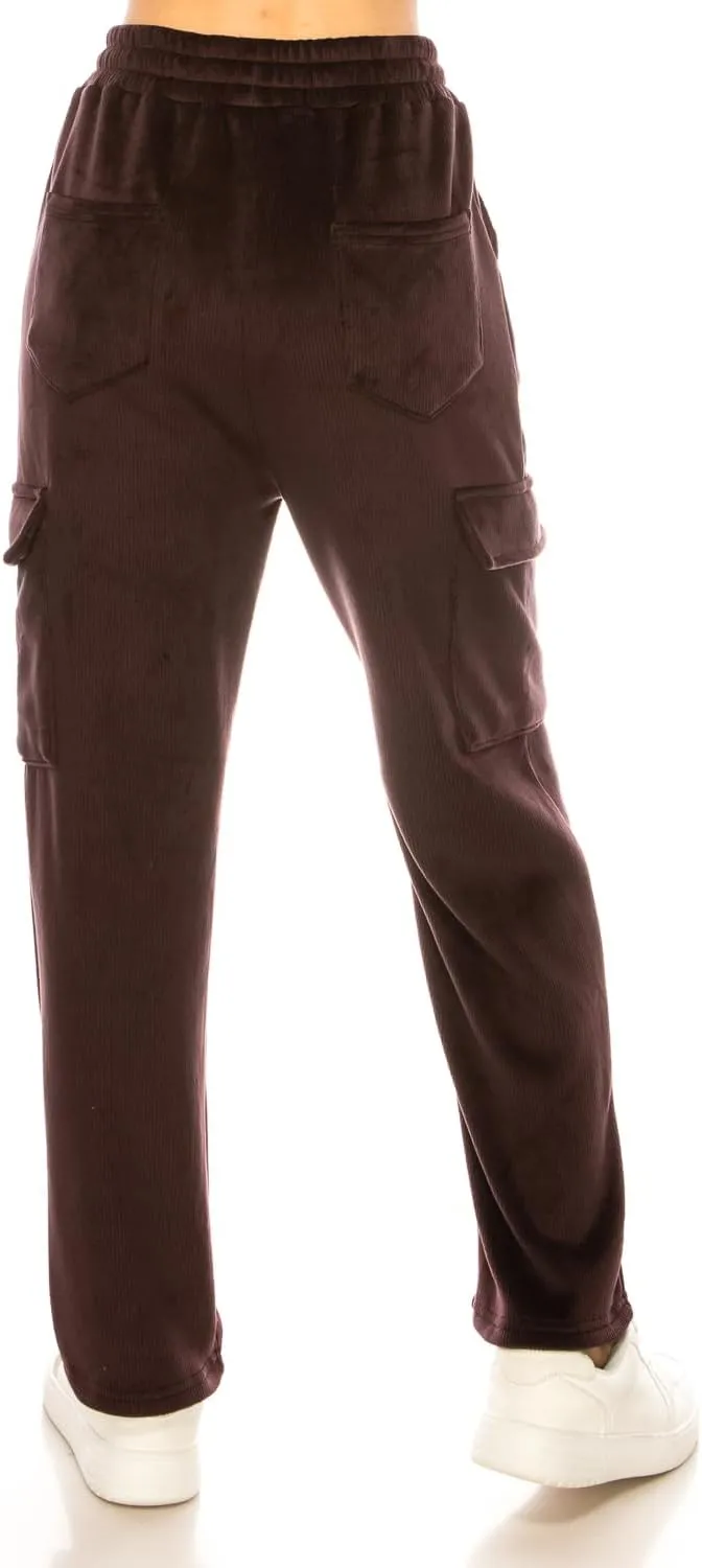 Women's Velvet Corduroy Cargo Pocket Jogger Sweat Pant Straight Leg Premium Pants