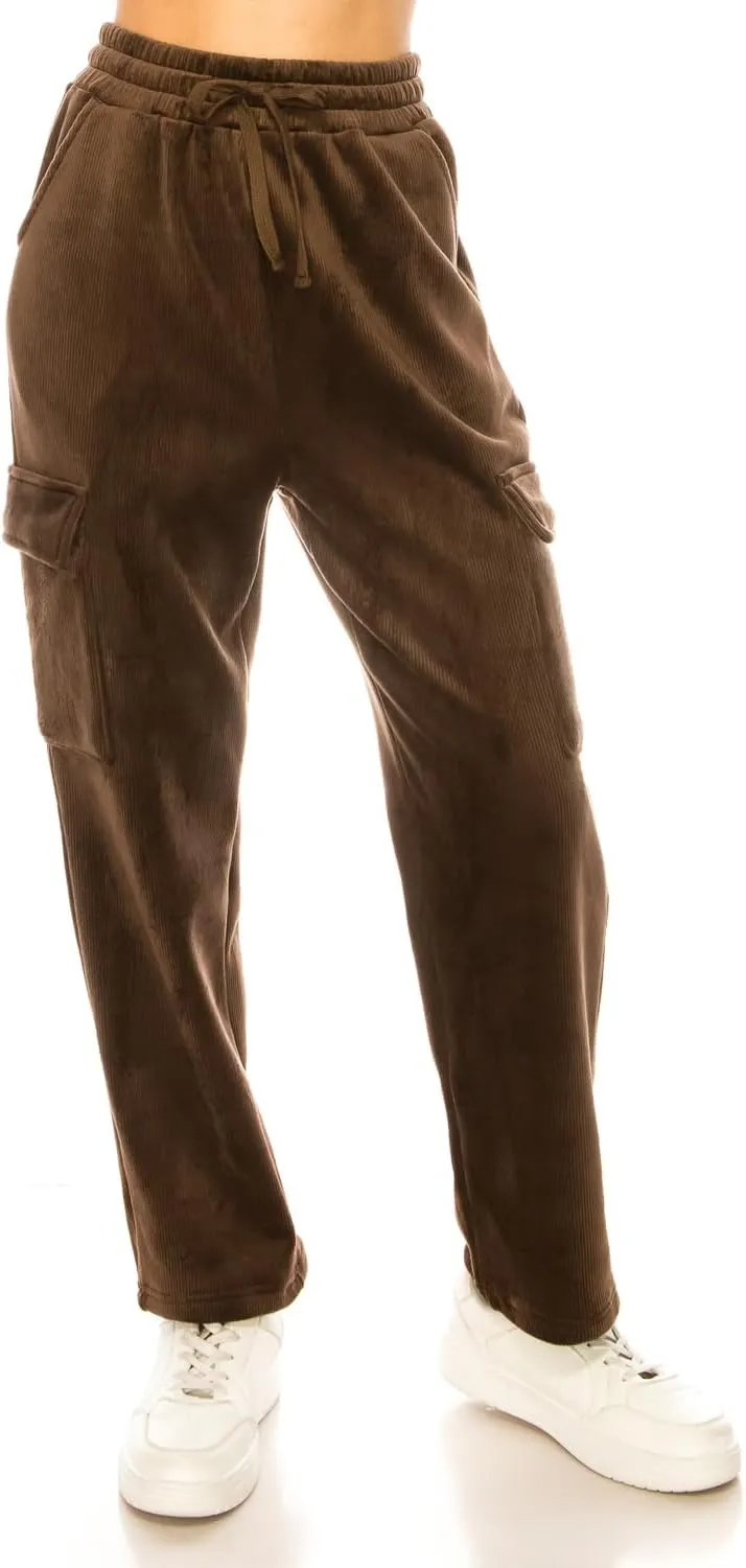 Women's Velvet Corduroy Cargo Pocket Jogger Sweat Pant Straight Leg Premium Pants