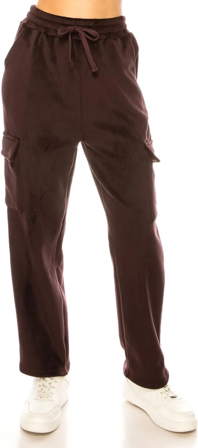 Women's Velvet Corduroy Cargo Pocket Jogger Sweat Pant Straight Leg Premium Pants