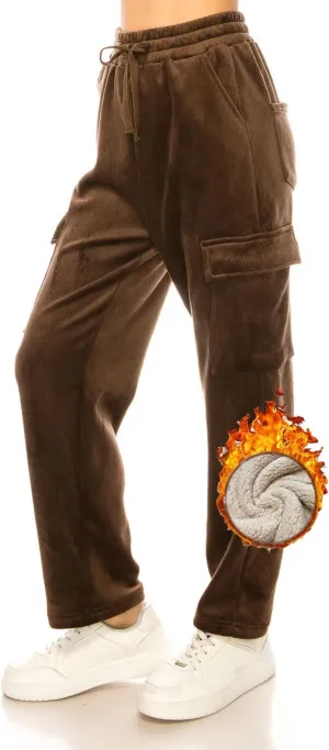 Women's Velvet Corduroy Cargo Pocket Jogger Sweat Pant Straight Leg Premium Pants