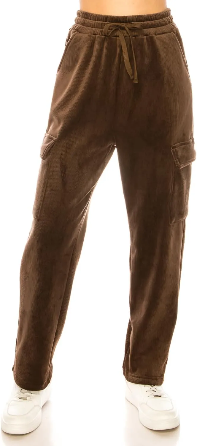 Women's Velvet Corduroy Cargo Pocket Jogger Sweat Pant Straight Leg Premium Pants