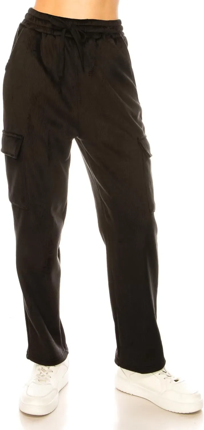 Women's Velvet Corduroy Cargo Pocket Jogger Sweat Pant Straight Leg Premium Pants