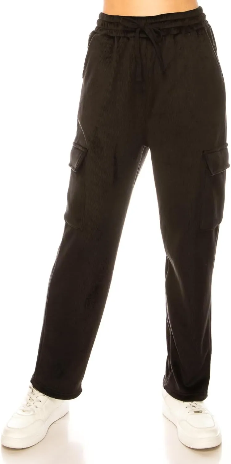 Women's Velvet Corduroy Cargo Pocket Jogger Sweat Pant Straight Leg Premium Pants