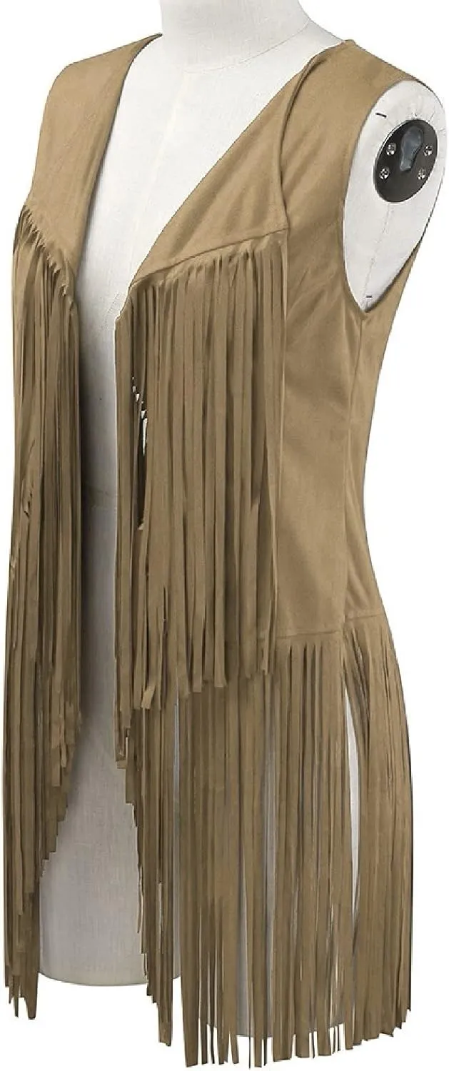 Women's Vintage Fringe Vest Classic Western Suede Leather Tassel Sleeveless Tops Ethnic Tank Cardigan Jacket Shirt