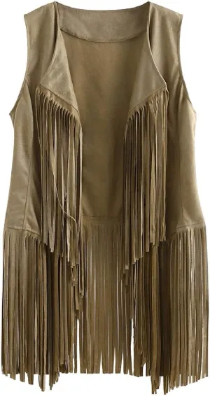 Women's Vintage Fringe Vest Classic Western Suede Leather Tassel Sleeveless Tops Ethnic Tank Cardigan Jacket Shirt