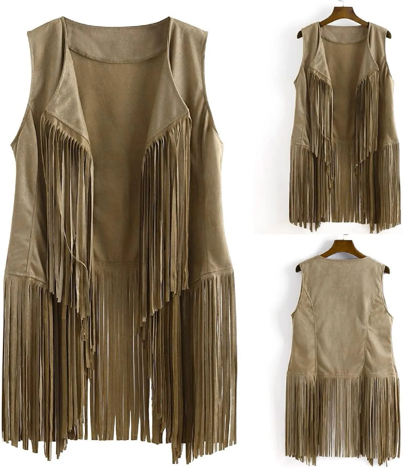 Women's Vintage Fringe Vest Classic Western Suede Leather Tassel Sleeveless Tops Ethnic Tank Cardigan Jacket Shirt