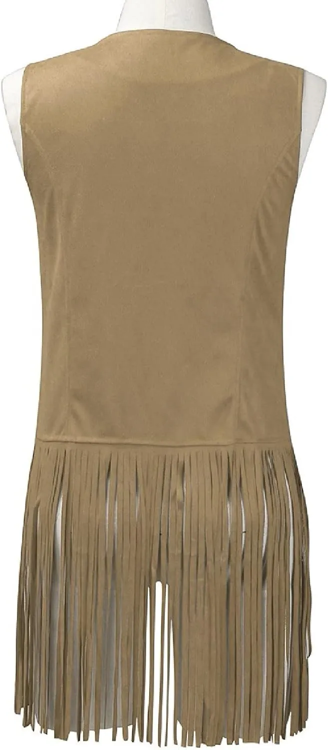 Women's Vintage Fringe Vest Classic Western Suede Leather Tassel Sleeveless Tops Ethnic Tank Cardigan Jacket Shirt