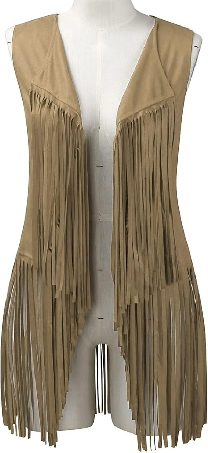 Women's Vintage Fringe Vest Classic Western Suede Leather Tassel Sleeveless Tops Ethnic Tank Cardigan Jacket Shirt